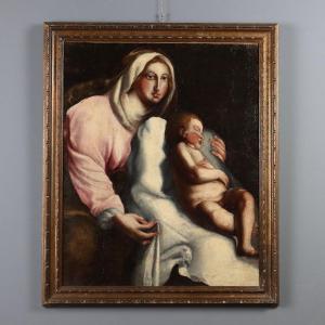 Dipinto Madonna con Bambino Addormentato Olio su Tela XVII Secolo