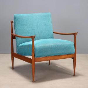 Poltrona Vintage Teak Tessuto Azzurro Design Danimarca Anni 60