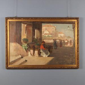 Paolo Baroni Scorcio di Borgo con Venditrice di Frutta Dipinto Olio su Tela