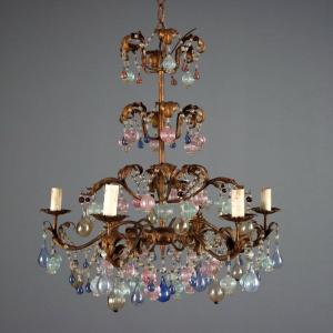 Lampadario in Ferro Dorato con Vetro Policromo Italia Inizio XX Secolo