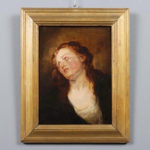 Ritratto di Maria Maddalena Seguace di Van Dyck Olio su Tavola '700 Originale