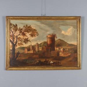 Dipinto Antico Paesaggio con Villaggio Olio su Tela XVIII Secolo Originale