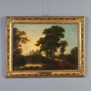 Dipinto Antico Paesaggio con Figure Olio su Tela Scuola Olandese '700 Originale