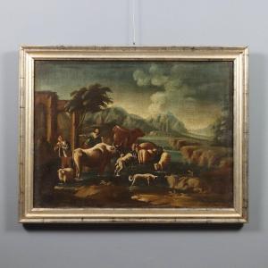 Dipinto Antico Scena Pastorale Olio su Tela Italia XVIII Secolo Originale