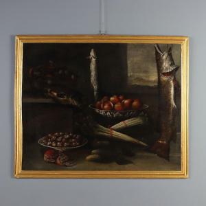 Dipinto Antico Natura Morta con Pesci Lumache Funghi XVII-XVIII Secolo Originale