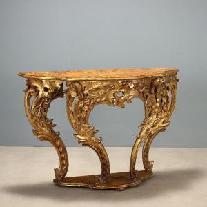 Consolle Eclettica in Legno di Abete Intagliato e Dorato Italia, XIX Secolo