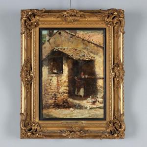 Dipinto Antico Domenico Pennacchini Casolare con Popolana '800 Originale