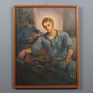 Mario Venzo S.J. Cristo Lavoratore Dipinto Olio su Tela Italia 1950 Originale