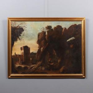 Dipinto Antico Paesaggio con Santo Eremita Olio su Tela '700-'800 Originale