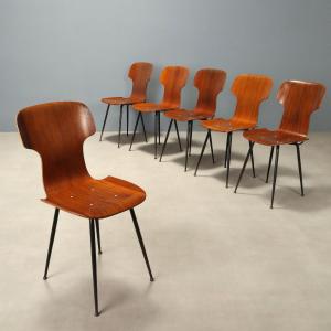 Set 6 Sedie Industria Legni Curvati Compensato Metallo Design Anni 60 Originali