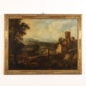 Paesaggio con Torrente Mulino e Figure Dipinto Antico XVIII Secolo Restaurato