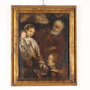 La Sacra Famiglia Dipinto Antico Olio su Tavola XVI-XVII Secolo Originale