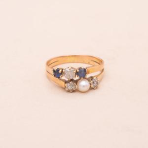Old Trio Ring Rose Gold Sapphire Fine Pearl Diamond