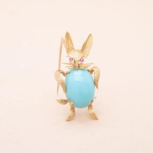 Turquoise Ruby Rabbit Brooch 1970
