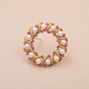 Vintage Crown Brooch With Ruby Pearls