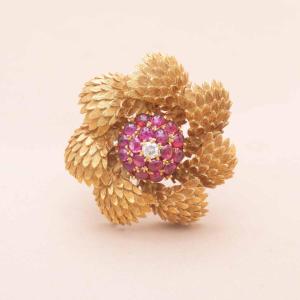 Vintage Ruby And Diamond Scale Brooch