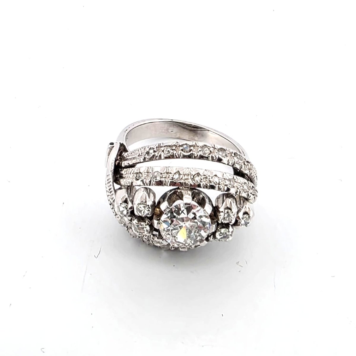 Anello anni 40' in oro bianco 18kt con diamanti-photo-3