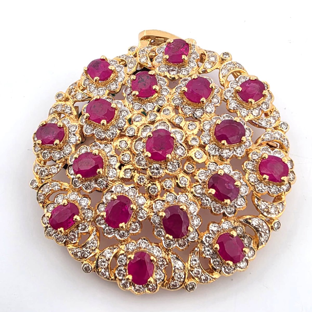 Spilla anni 60' in oro giallo 18kt con rubini e diamanti-photo-3