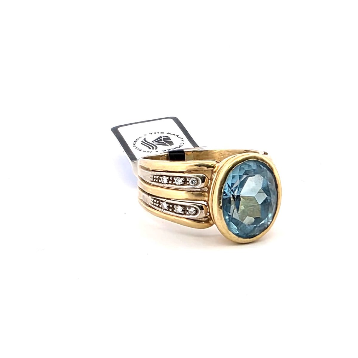 Anello anni 90' in oro giallo 18 kt massiccio con grande topazio azzurro e diamanti ai lati del-photo-7
