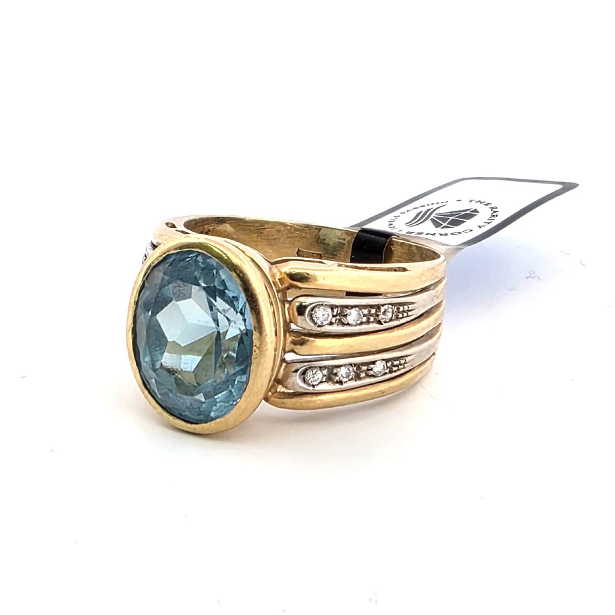 Anello anni 90' in oro giallo 18 kt massiccio con grande topazio azzurro e diamanti ai lati del-photo-8