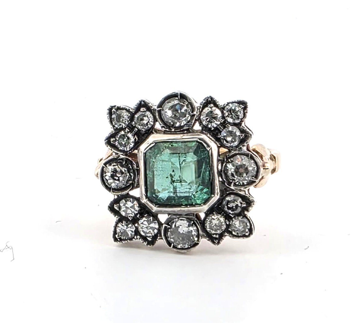 Anello XIX vittoriano in oro 12kt e argento con smeraldo e diamanti-photo-6