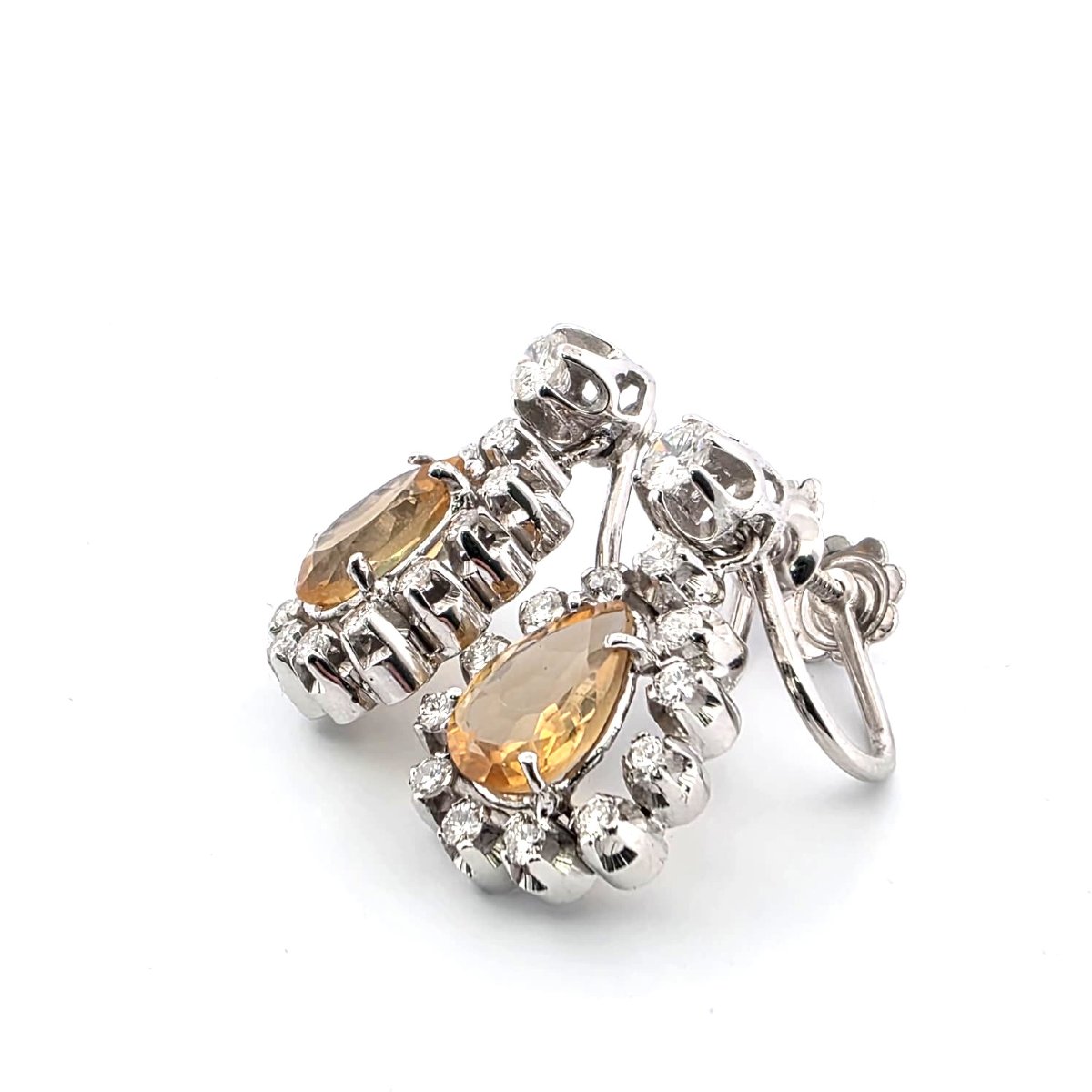Orecchini anni 40/50' in oro bianco 18kt con citrini goccia e diamanti-photo-2
