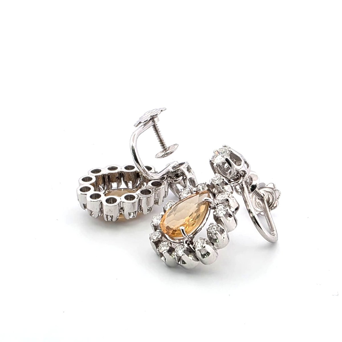 Orecchini anni 40/50' in oro bianco 18kt con citrini goccia e diamanti-photo-2