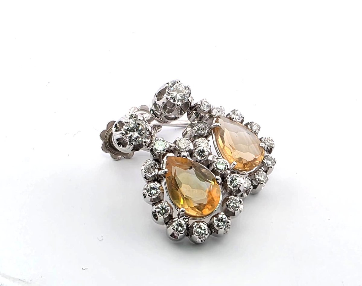 Orecchini anni 40/50' in oro bianco 18kt con citrini goccia e diamanti-photo-6