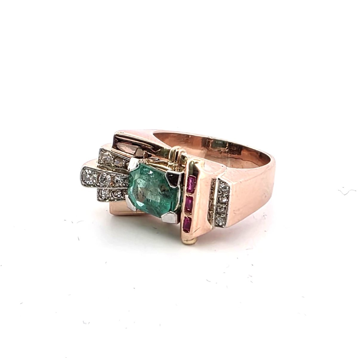 Anello anni 90' in oro giallo 18kt con smeraldo diamanti e rubini-photo-2