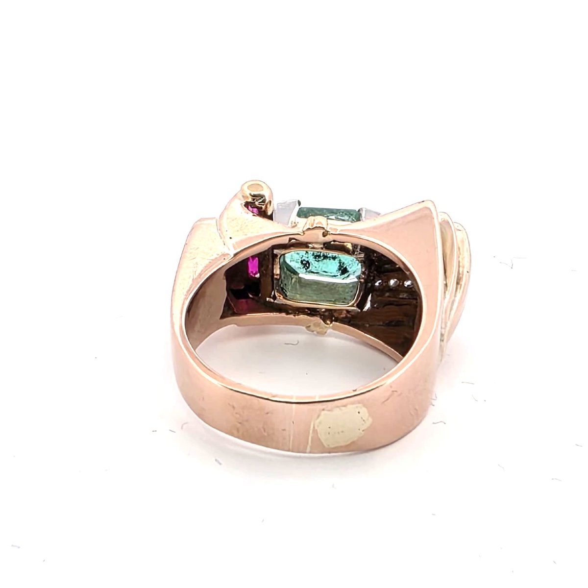 Anello anni 90' in oro giallo 18kt con smeraldo diamanti e rubini-photo-1