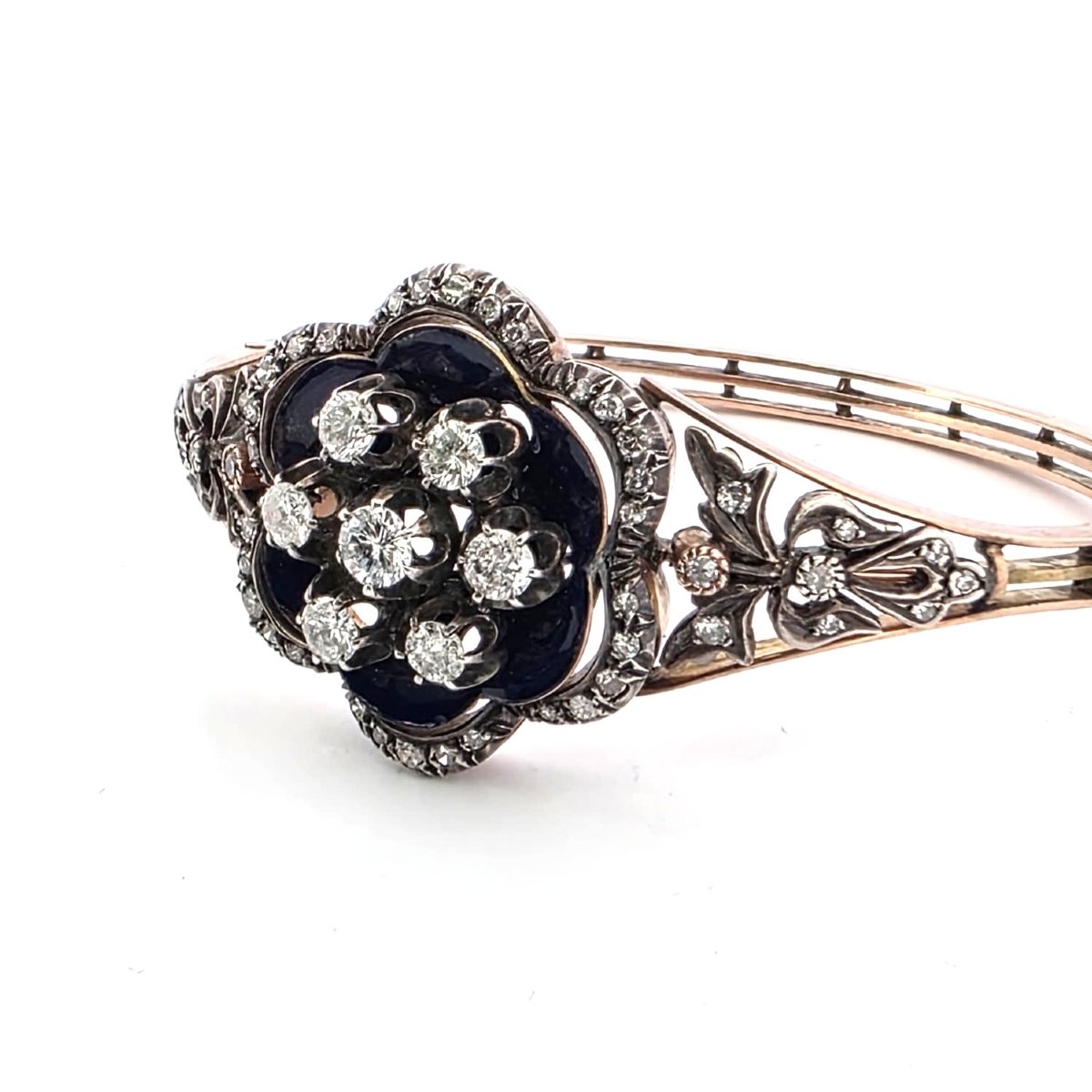 Bracciale vittoriano in oro basso e argento con diamanti e smalto blu-photo-3