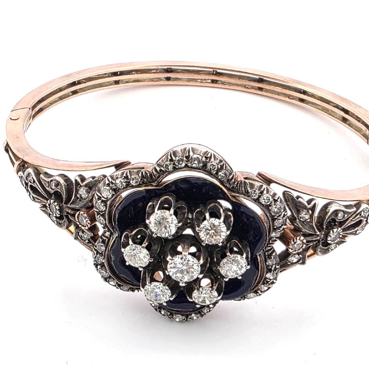 Bracciale vittoriano in oro basso e argento con diamanti e smalto blu-photo-4