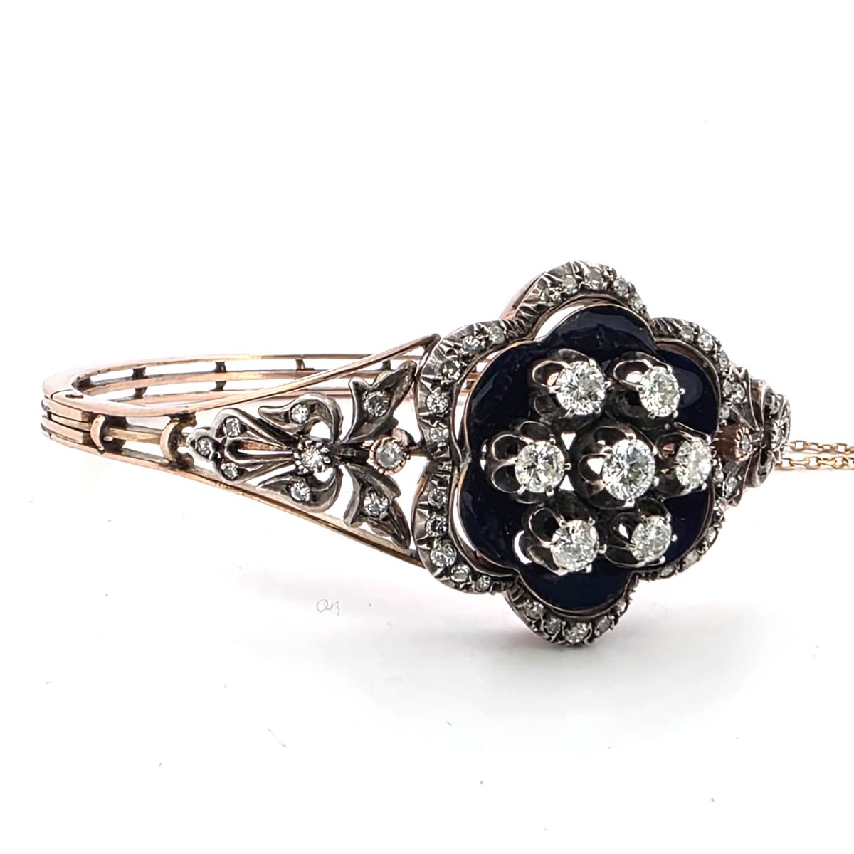 Bracciale vittoriano in oro basso e argento con diamanti e smalto blu-photo-5