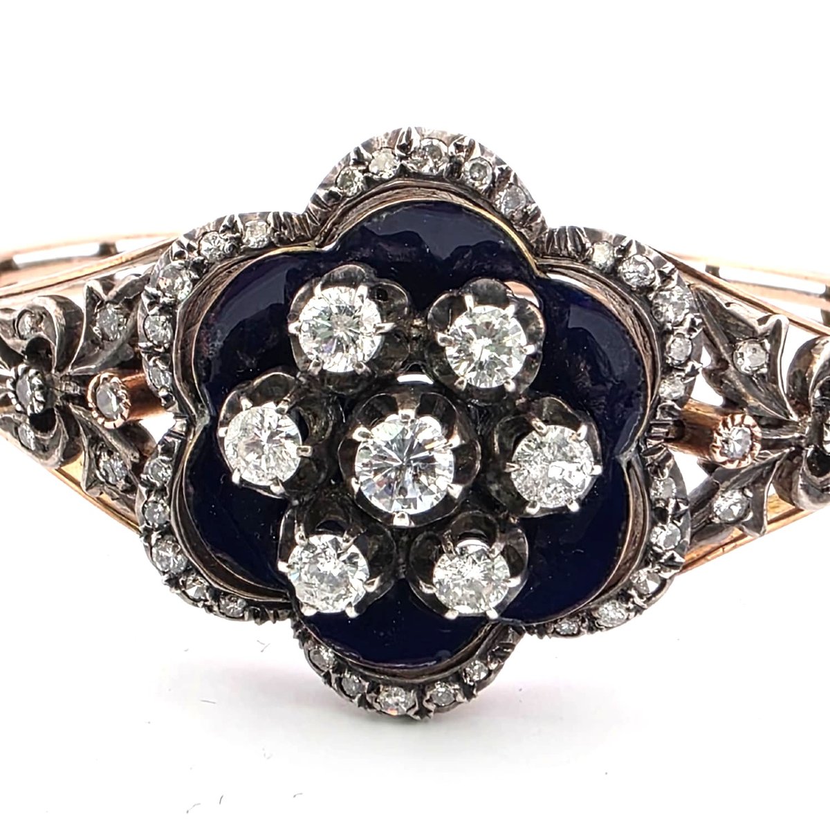 Bracciale vittoriano in oro basso e argento con diamanti e smalto blu-photo-7