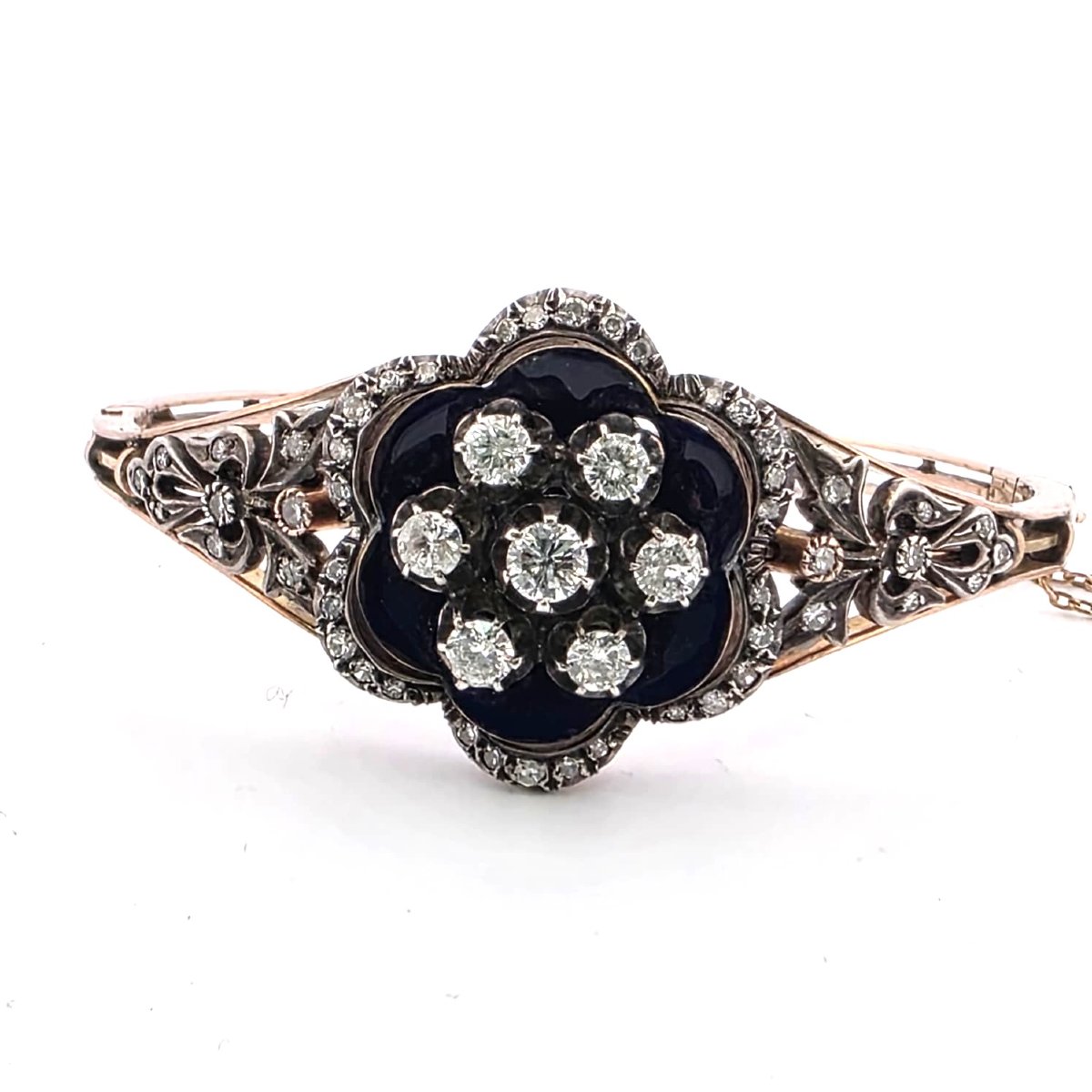 Bracciale vittoriano in oro basso e argento con diamanti e smalto blu-photo-8