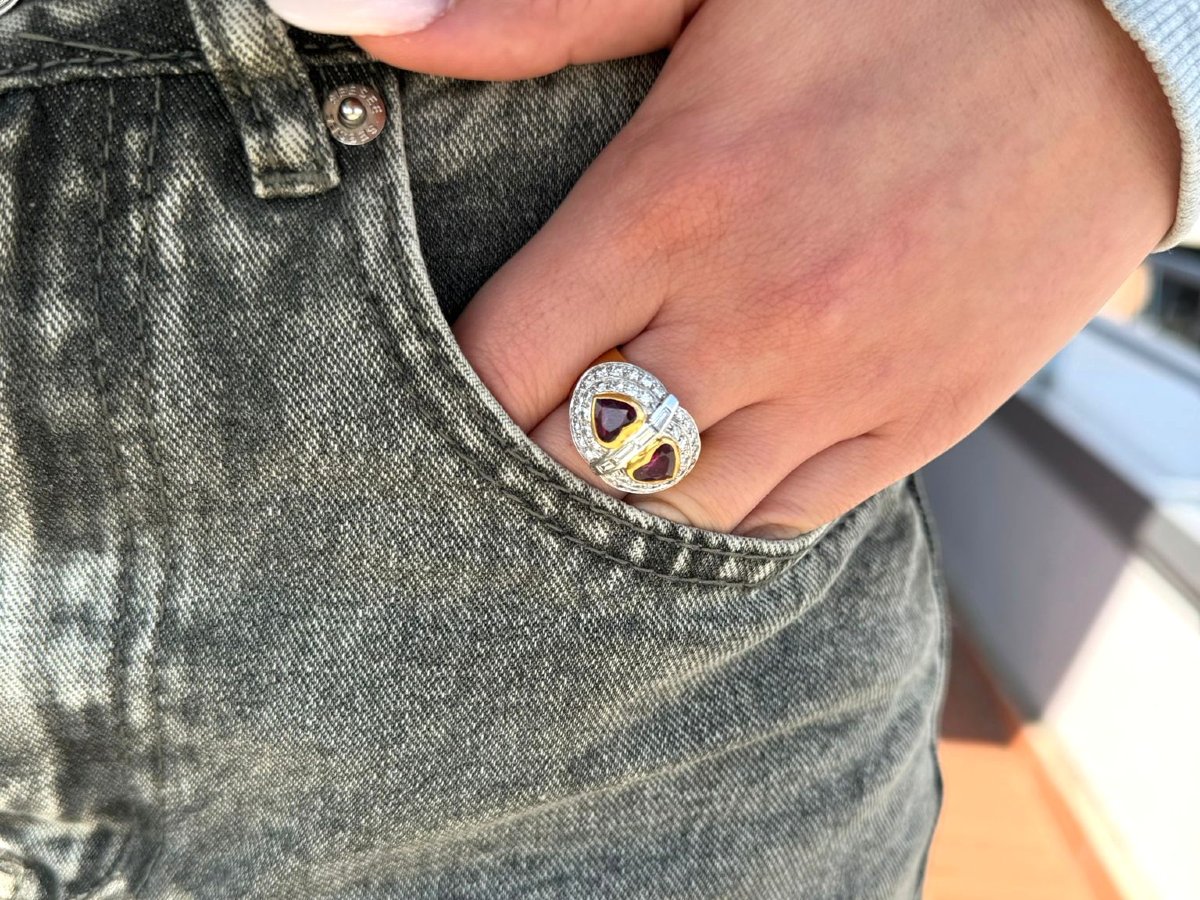 Anello anni 70' in oro giallo 18kt con rubini e diamanti-photo-4