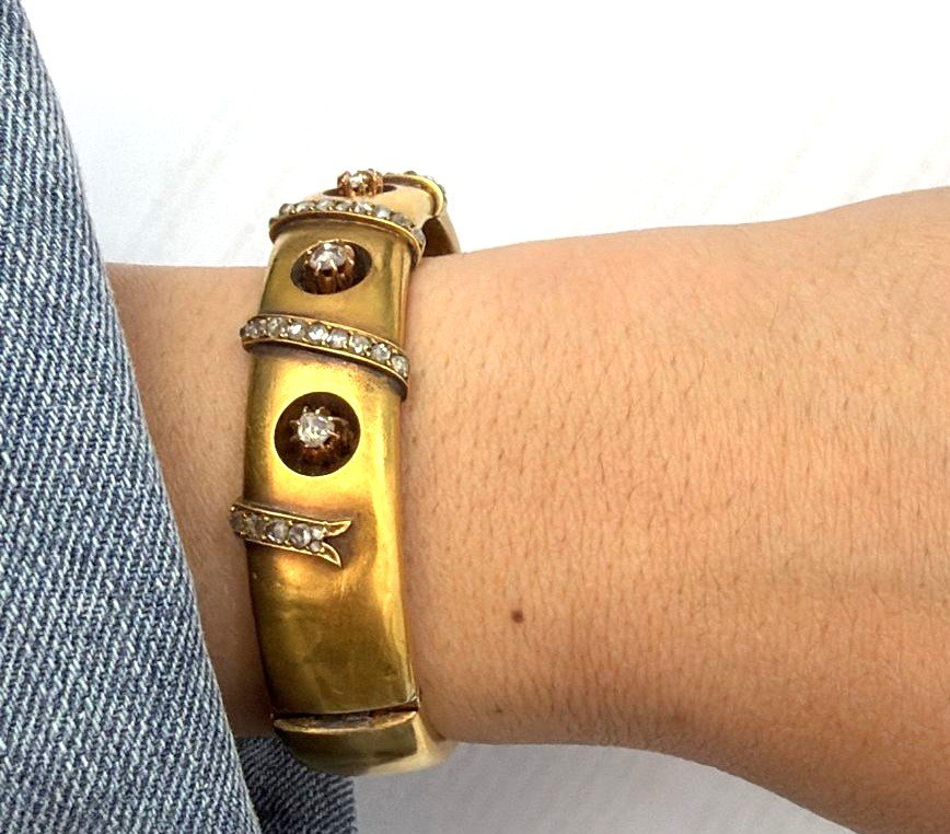 Bracciale epoca vittoriana in oro basso 12kt con diamanti rose coronè-photo-1
