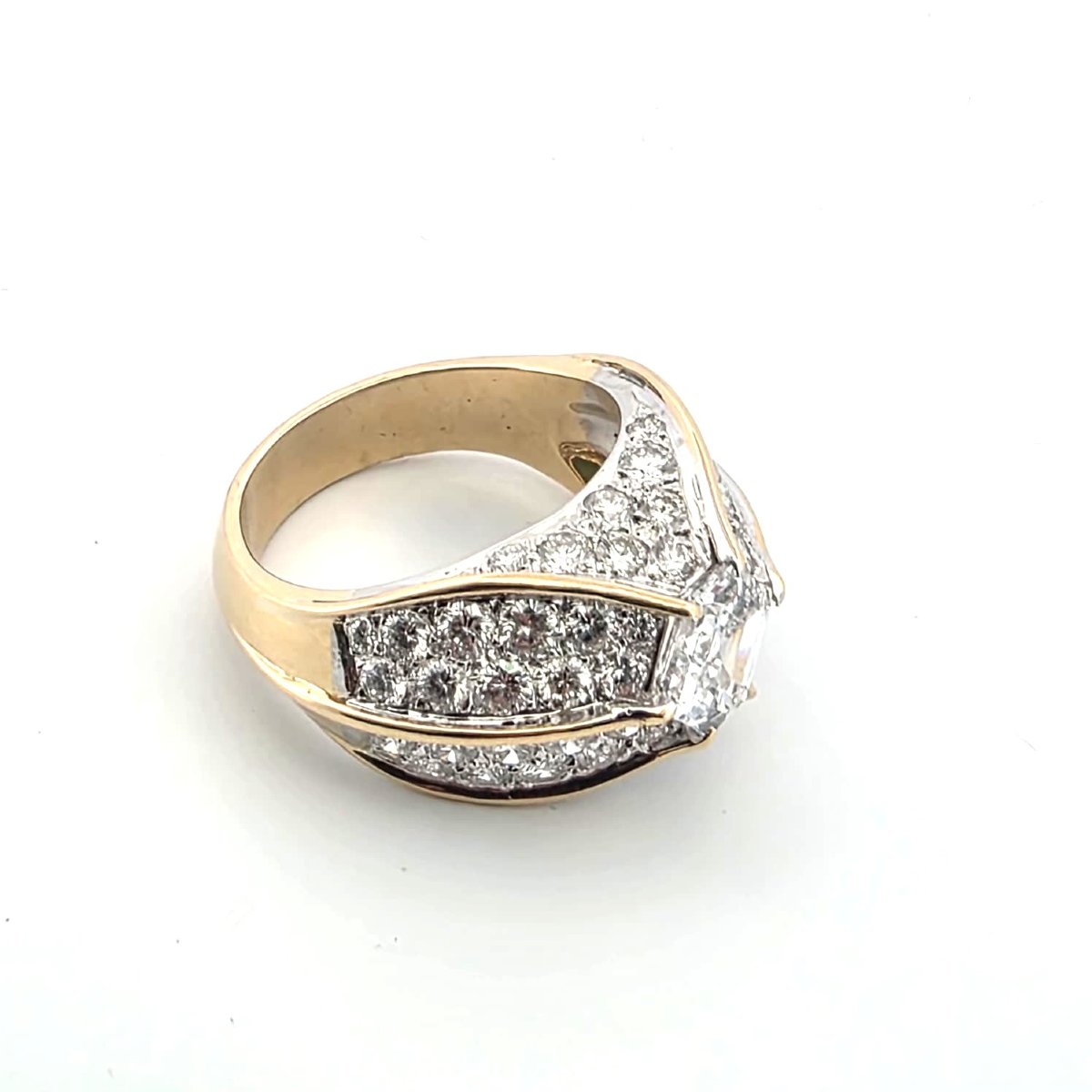 Anello retrò in oro giallo 18kt massiccio con diamante centrale e diamanti sui 4 lotti-photo-2
