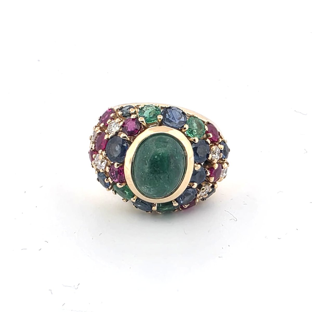 Anello anni 80'/90' in oro giallo 18kt con smeraldo centrale e miscela di pietre preziose a con-photo-2