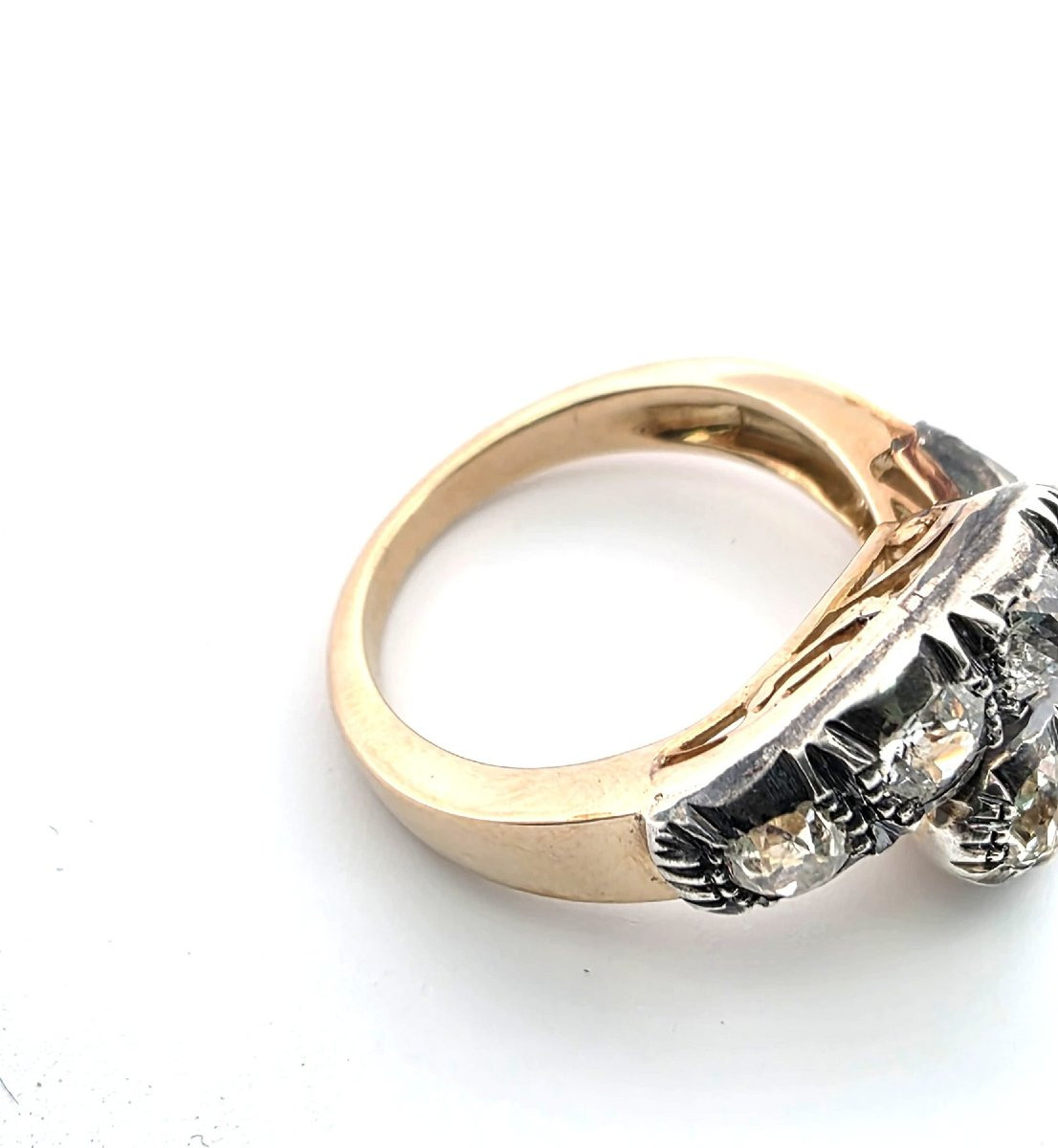 Anello in oro basso e argento con diamanti taglio vecchio-photo-4