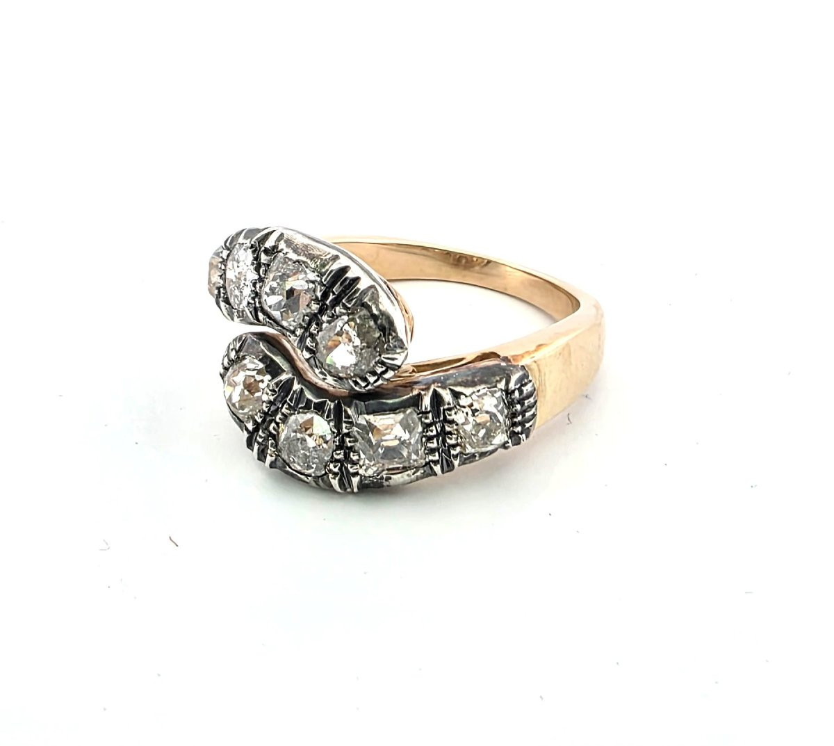 Anello in oro basso e argento con diamanti taglio vecchio-photo-5