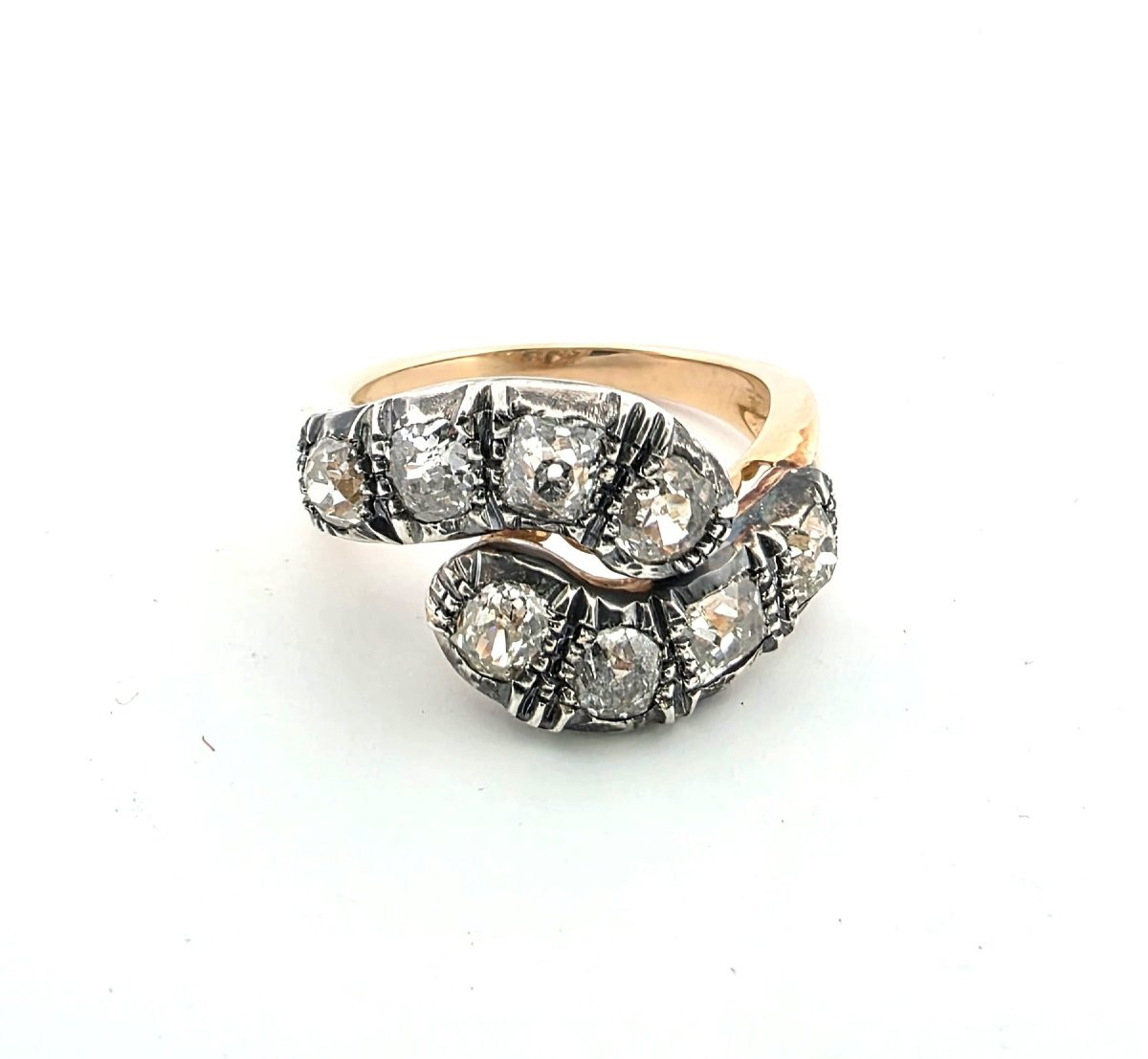 Anello in oro basso e argento con diamanti taglio vecchio-photo-6