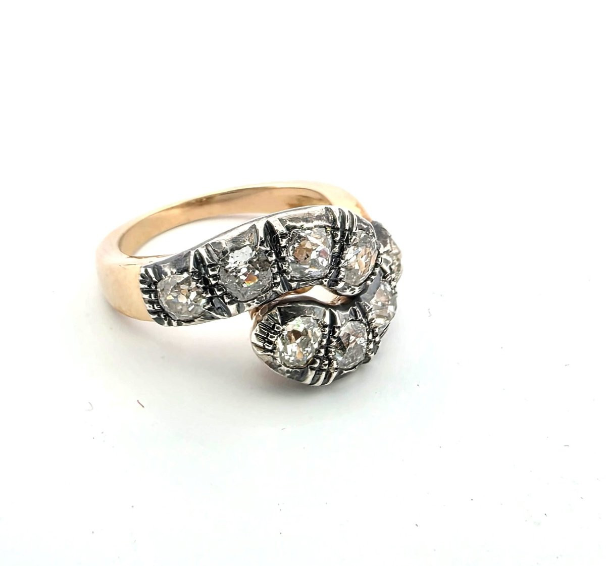 Anello in oro basso e argento con diamanti taglio vecchio-photo-7