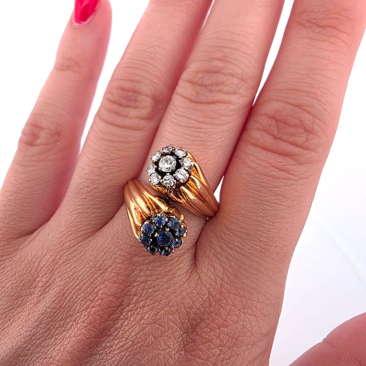 Anello in oro giallo 18kt con diamanti e zaffiri-photo-8