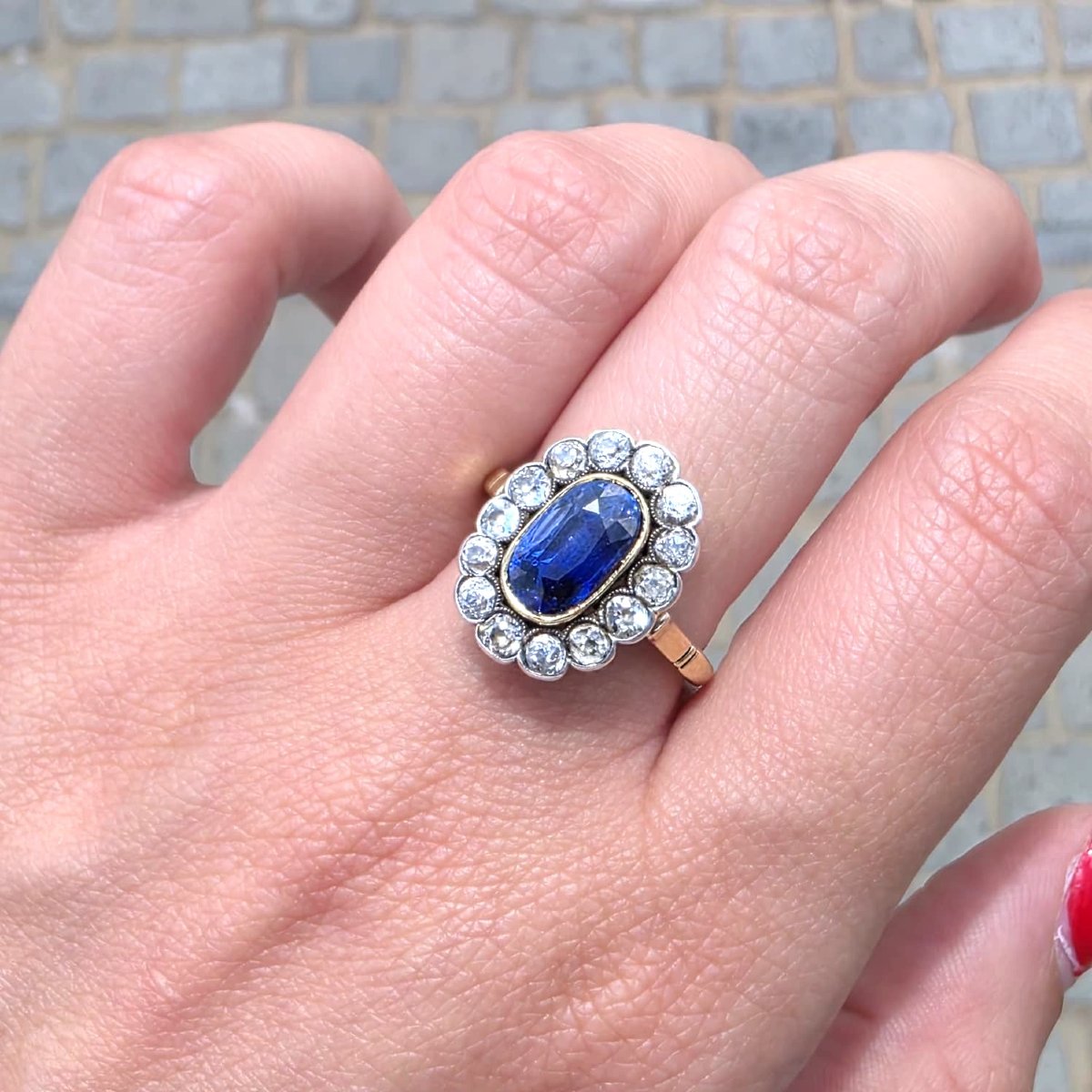 Anello epoca edoardiana in oro 18kt e argento con zaffiro e diamanti-photo-2
