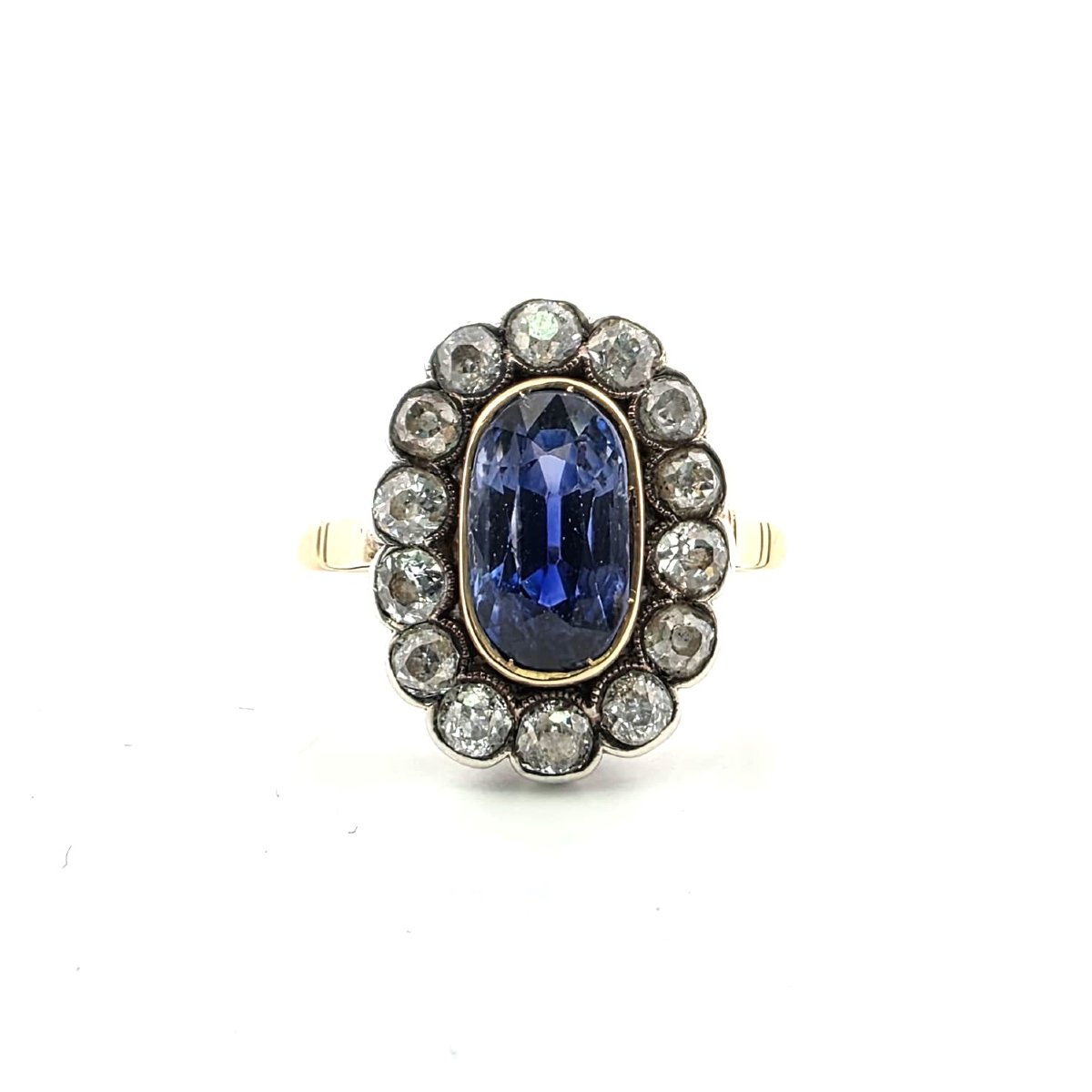 Anello epoca edoardiana in oro 18kt e argento con zaffiro e diamanti-photo-3