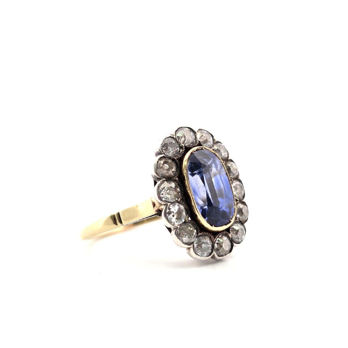 Anello epoca edoardiana in oro 18kt e argento con zaffiro e diamanti-photo-4