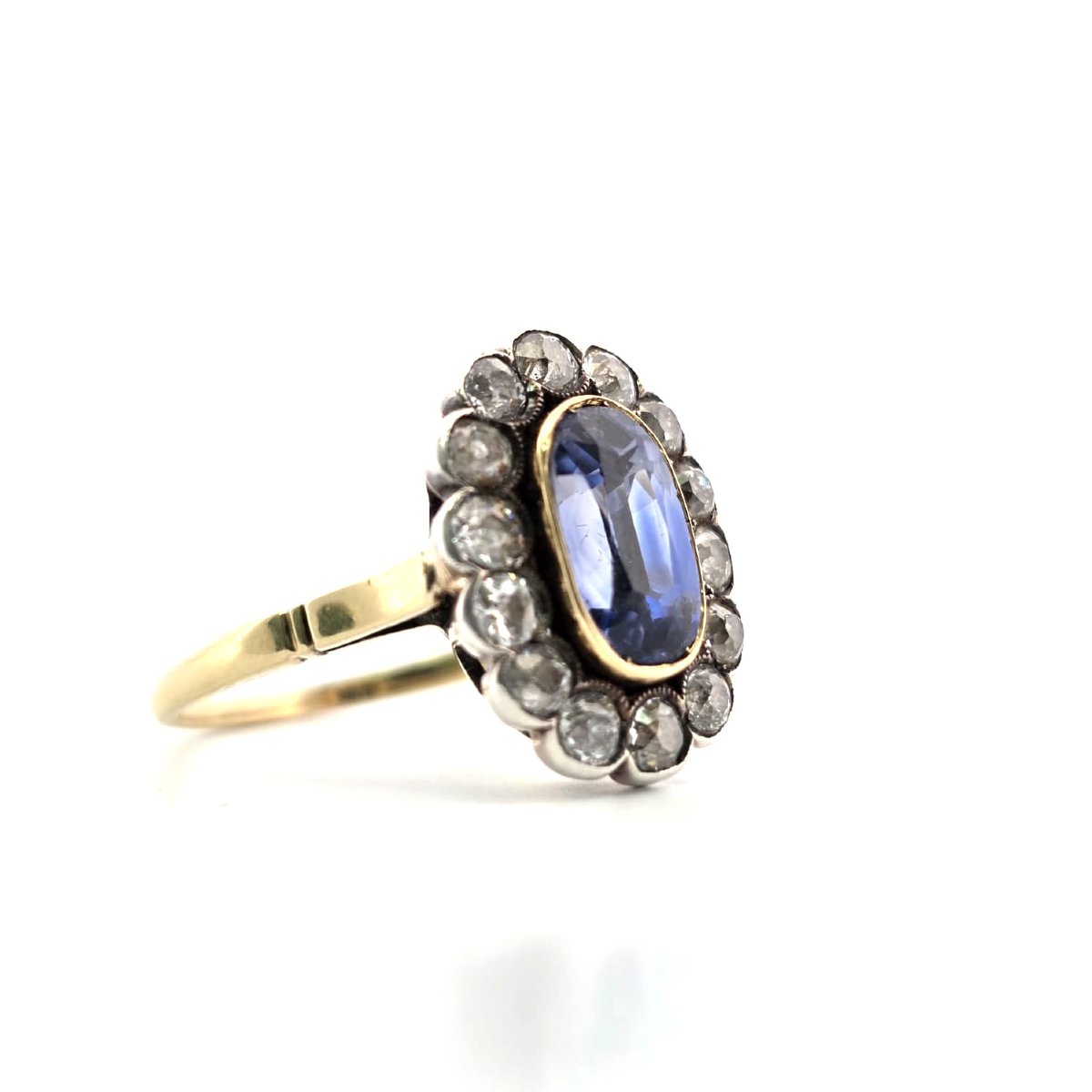 Anello epoca edoardiana in oro 18kt e argento con zaffiro e diamanti-photo-3