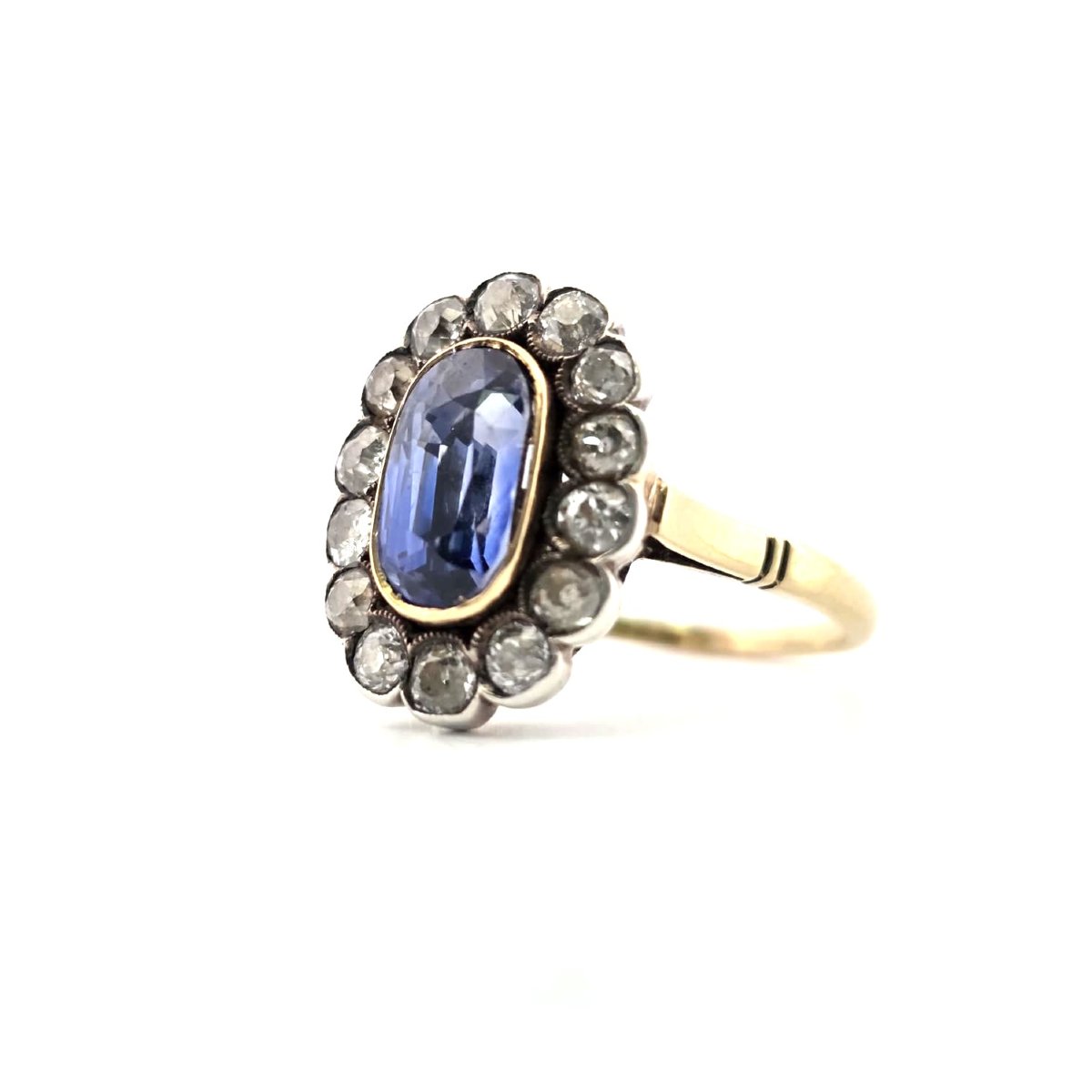 Anello epoca edoardiana in oro 18kt e argento con zaffiro e diamanti-photo-4