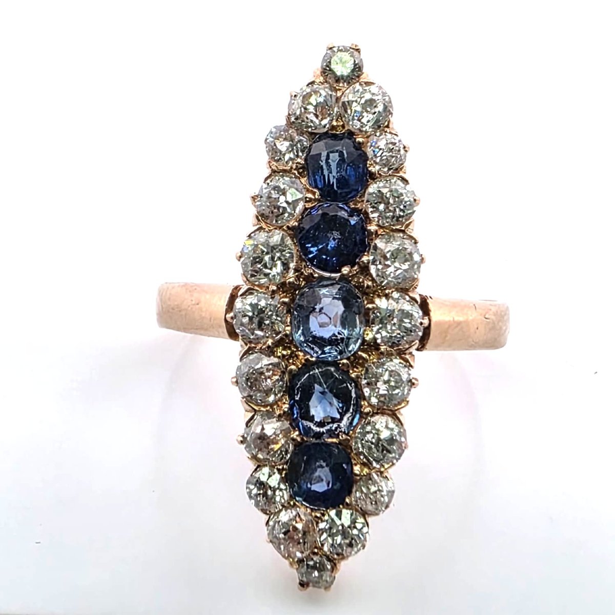 Anello vittoriano in oro giallo 18kt con diamanti e zaffiri-photo-3